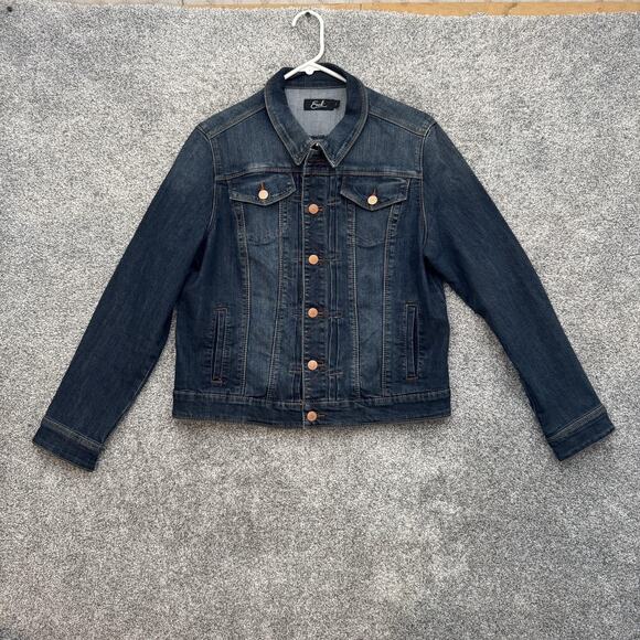 Earl Jean Jacket Womens Large Dark Wash Blue Denim Button Front Stretch Pockets - Picture 1 of 9